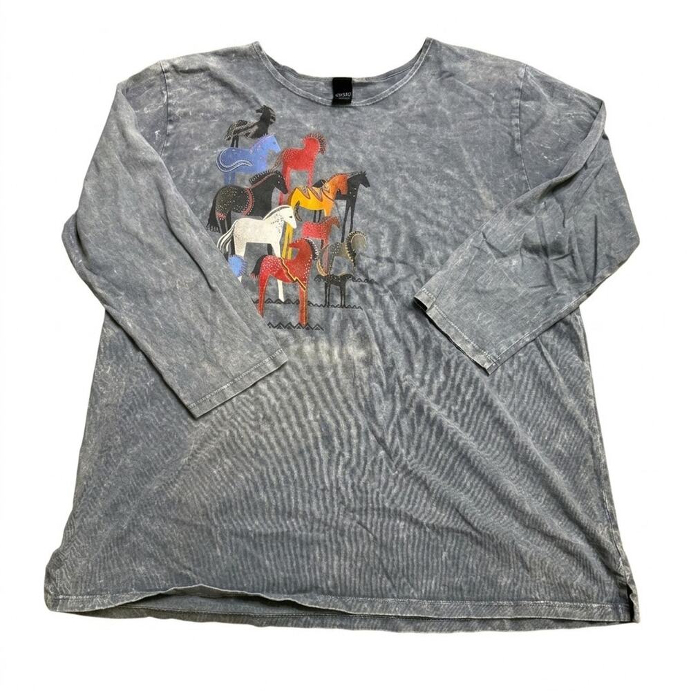 Sabaku Artwear Womens XL T-Shirt Native Horses Graphic Gray Mineral Wash USA